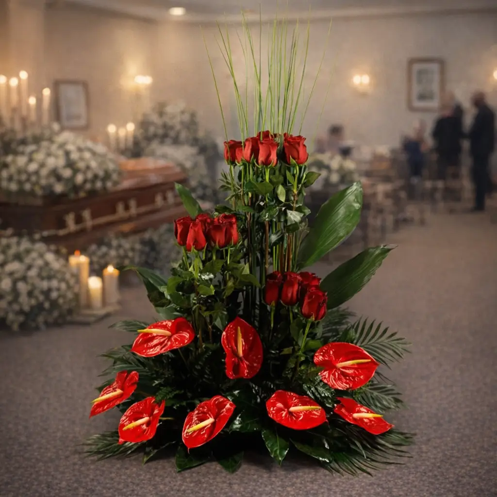 Centro funerario de flores rojas y verdes en Pamplona