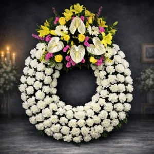 Corona funeraria flores blancas y con color en Pamplona