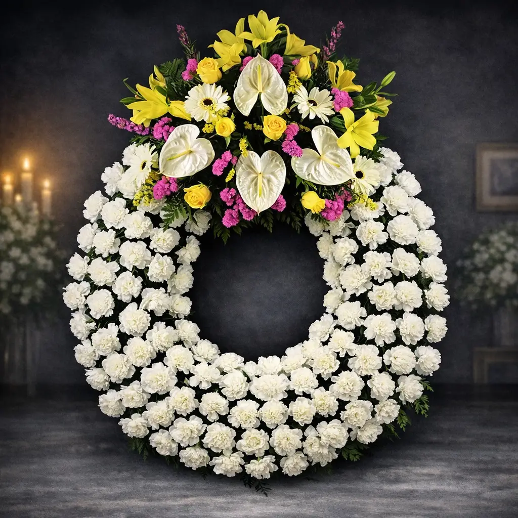 Corona funeraria flores blancas y con color en Pamplona