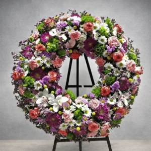 Corona funeraria de flores coloridas en Pamplona