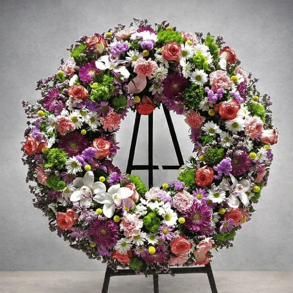 Corona funeraria de flores coloridas en Pamplona