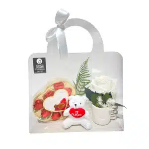 Bolsa especial amor San Valentín Rosa blanca, peluche y bombones